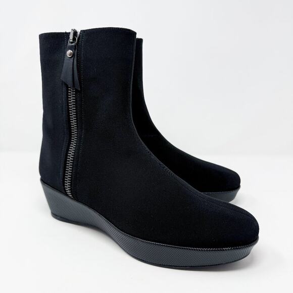 Stuart Weitzman Black Nylon Low Wedge Boots Women's 10.5N Side Zip Made in Spain - Picture 1 of 11